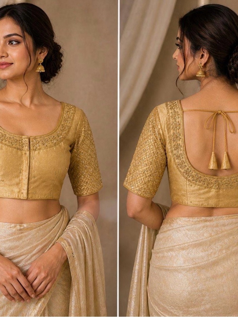 Gold Embroidered Women’s Blouse with Back Tie
